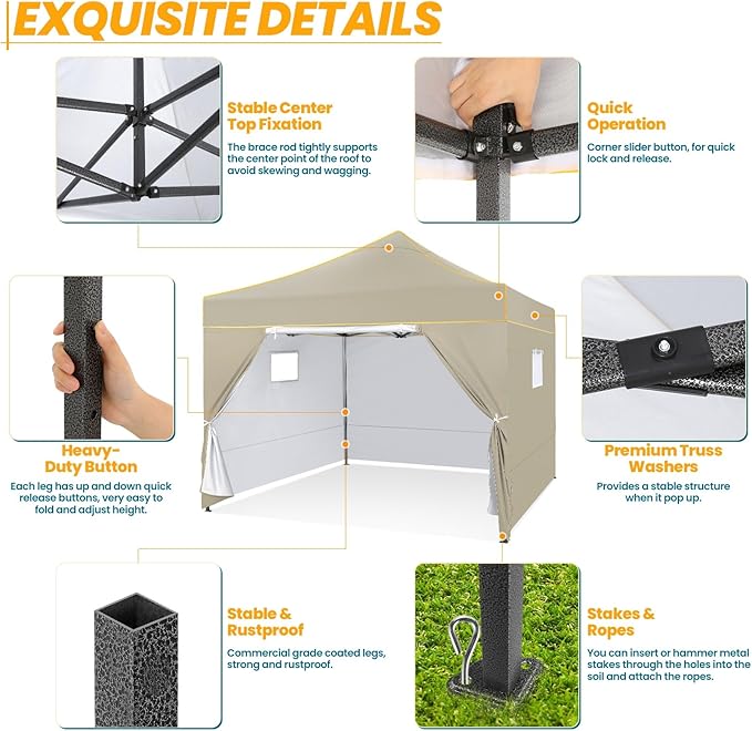 COBIZI 10x10 Pop Up Canopy Tent Commercial Heavy Duty Instant Canopy with 4 Sidewalls, UV 50+ Silver Coated Waterproof Vendor, Portable Shelter with Carry Bag, Event Tent for Parties, Khaki