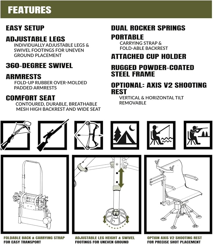 NEXCAM Field Chair for Hunting, Fishing, and Camping - Portable Hunting Chair with 360 Swivel - Tiltable and Rockable Fishing Chair with Adjustable Height