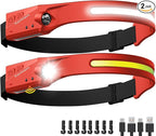 Headlamp Rechargeable LED (2-Pack, Red) 230° Wide Beam, USB-C Lightweight Head Lamp, Long Runtime, Water-Resistant for Camping, Hiking, Running, Fishing, Repair Work