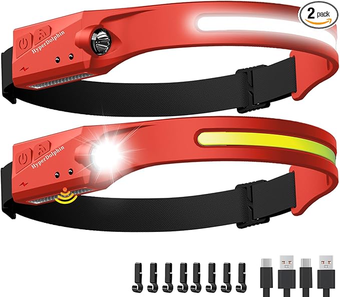Headlamp Rechargeable LED (2-Pack, Red) 230° Wide Beam, USB-C Lightweight Head Lamp, Long Runtime, Water-Resistant for Camping, Hiking, Running, Fishing, Repair Work