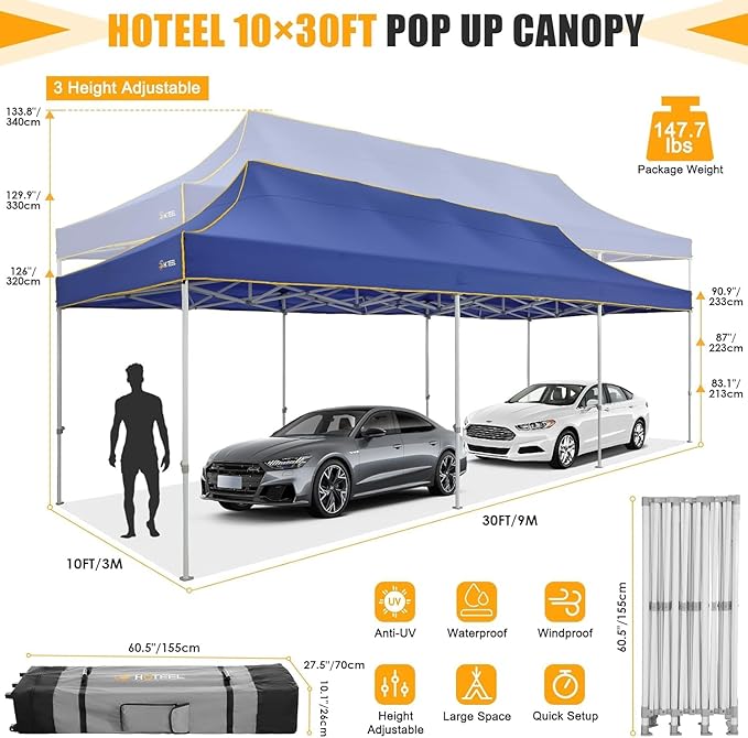 COBIZI 10x30 Heavy Duty Pop up Canopy Tent for Parties with 8 Sidewalls, Easy Setup Outdoor Commercial Gazebo for Wedding Event, Party Tent with Portable Bag & Sand Bags, Blue
