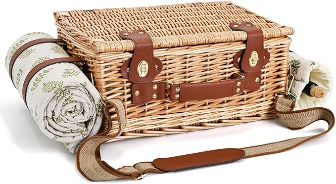 Picnic Basket with Blanket and Wine Pouch for 2, Wicker Picnic Set with Insulated Liner Cooler Bag Hamper for Camping,Wedding - Leaf