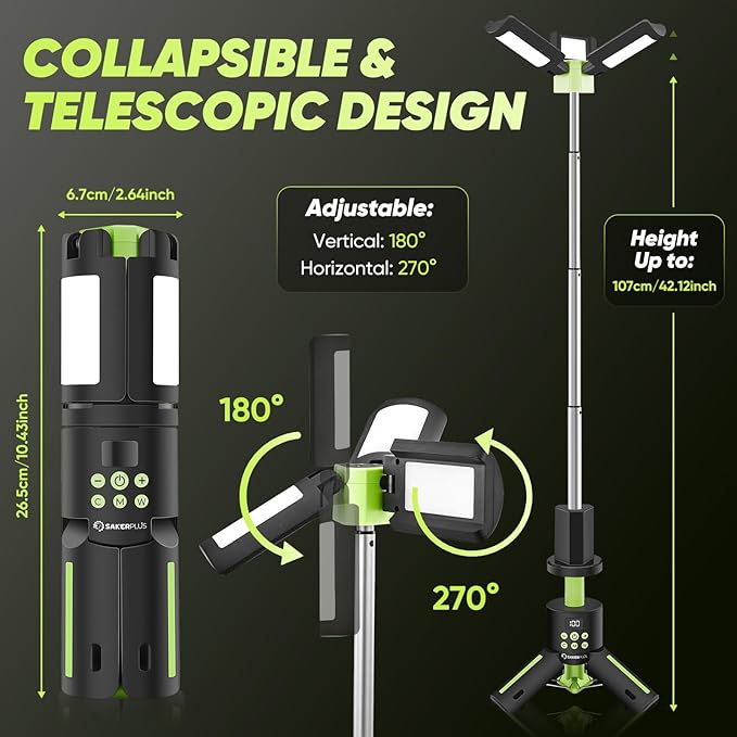 Portable Camping Lights with Stand, 5000LM Rechargeable LED Flashlight, 9 Color Modes, Collapsible Camping Lantern Tent Light with Magnetic Base for Power Outages, Camping & Emergency(Green)