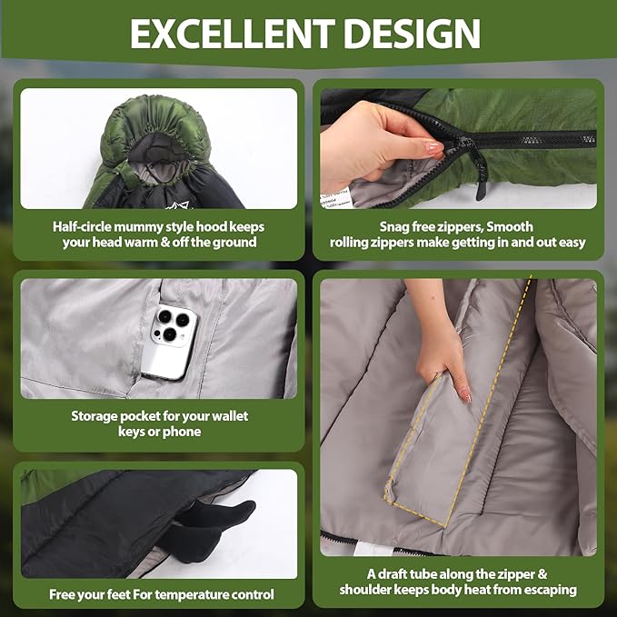 Single Sleeping Bag for Adults Kids 3-Season, Lightweight Waterproof Ripstop, Dual Zipper Bottom Vent, Compression Sack, Portable Camping Hiking Backpacking Gear