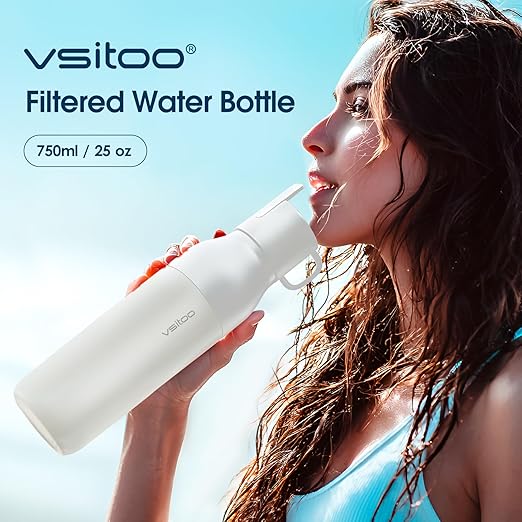 Vsitoo 25oz Insulated Stainless Steel Filtered Water Bottle for Travel and Everyday Use ，5-Stage 0.01μm Ultra-Strong Filtration，Reusable，Improves Taste，for Hiking, Cycling, Gym & Outdoor Use，White