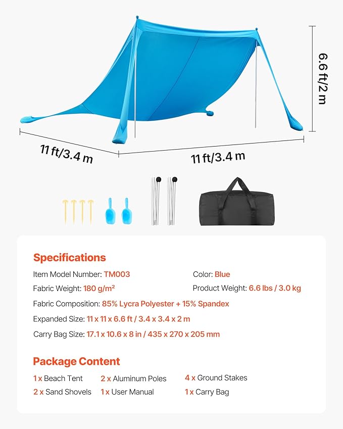 VEVOR Beach Tent Sun Shelter, UPF50+ Sun Protection, 6.6 ft Tall, 11 x 11 ft, Easy Pop Up Beach Canopy with Sandbags, Stability Poles, Sand Shovels, Portable Shade for Family Outings, Camping, Fishing