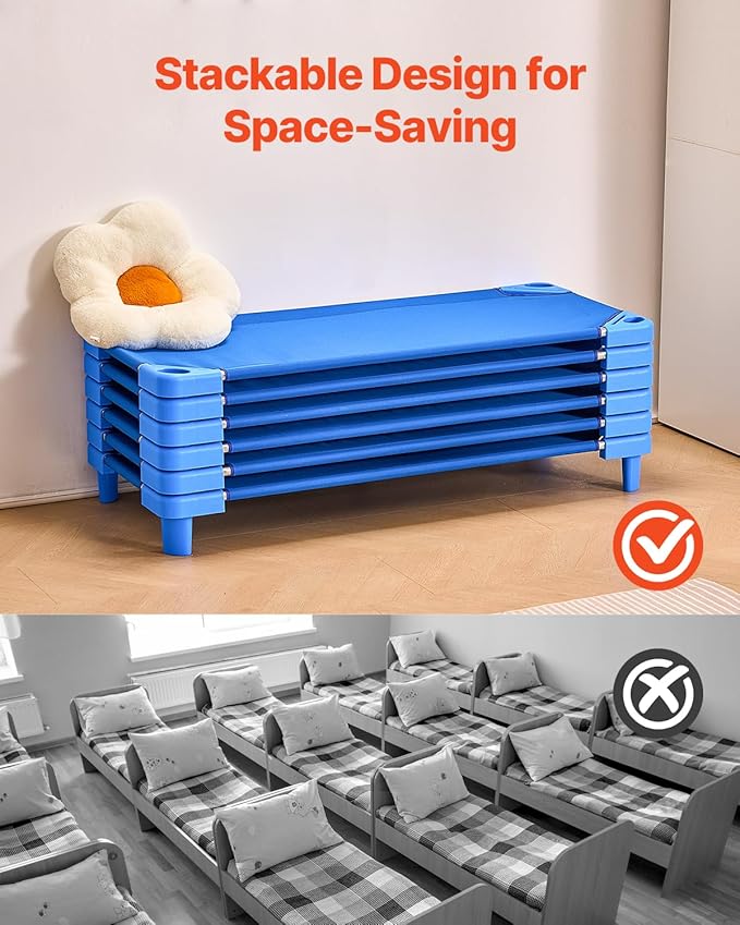 VEVOR Stackable Kiddie Cot, 6 Pack Portable Toddler Nap Cots, Standard Size 52" L x 23" W Daycare Cots for Kids, Preschool Classroom Daycare Beds for Sleeping, Resting, Naptime, Blue