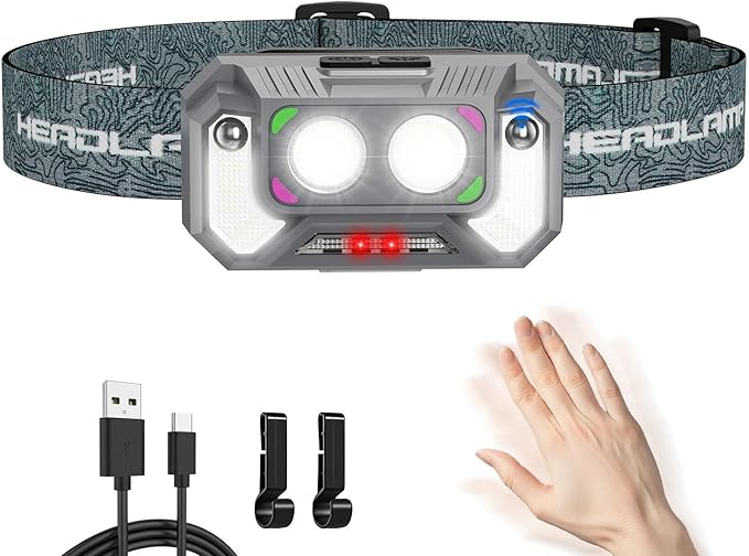 LED Headlamp Lightweight with Red Light Motion Sensor, 5 Modes USB-C Rechargeable, 6-Hour Runtime, Waterproof Headlight for Camping, Running, Fishing, Work, and Emergencies, 1 Pack