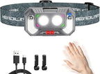 LED Headlamp Lightweight with Red Light Motion Sensor, 5 Modes USB-C Rechargeable, 6-Hour Runtime, Waterproof Headlight for Camping, Running, Fishing, Work, and Emergencies, 1 Pack