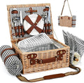 Picnic Basket with Blanket and Wine Pouch for 4, Wicker Picnic Set with Insulated Liner Cooler Bag Hamper for Camping,Wedding - Stripes