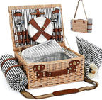 Picnic Basket with Blanket and Wine Pouch for 4, Wicker Picnic Set with Insulated Liner Cooler Bag Hamper for Camping,Wedding - Stripes