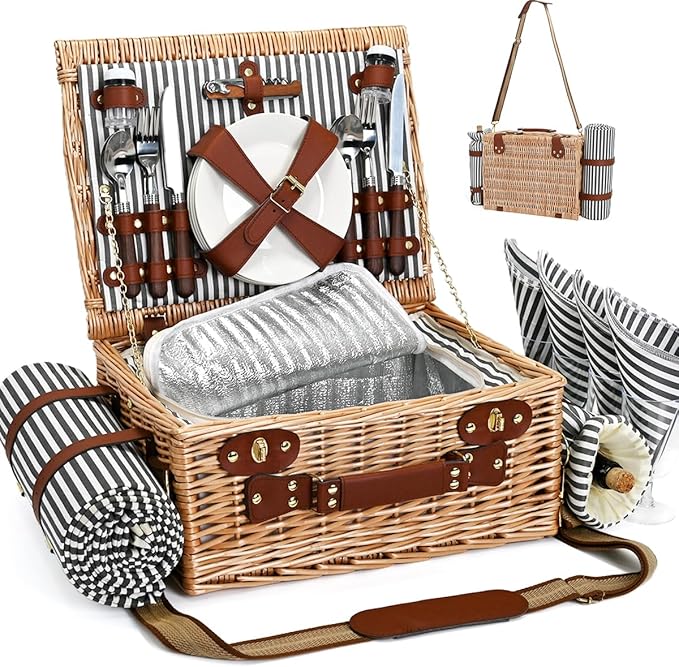 Picnic Basket with Blanket and Wine Pouch for 4, Wicker Picnic Set with Insulated Liner Cooler Bag Hamper for Camping,Wedding - Stripes