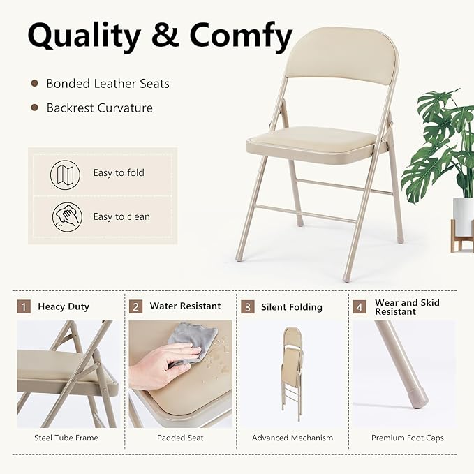 DUMOS 12 Pack Leather Padded Folding Chair, Indoor Outdoor Portable Stackable Commercial Seat with Steel Frame, Capacity for Home, Office, Party, Comfy, Kahki