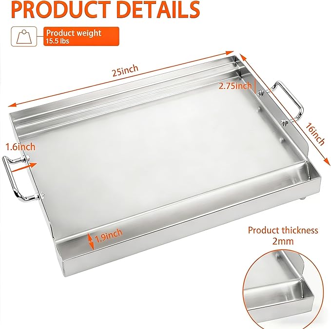 LotFun 25" x 16" Stainless Steel Cooking Griddle for Outdoor Gas Grill, Universal Griddle Flat Top Plate Insert with Grease Groove and Removable Handles for Electric/Charcoal/Gas Grill, Camping,Party