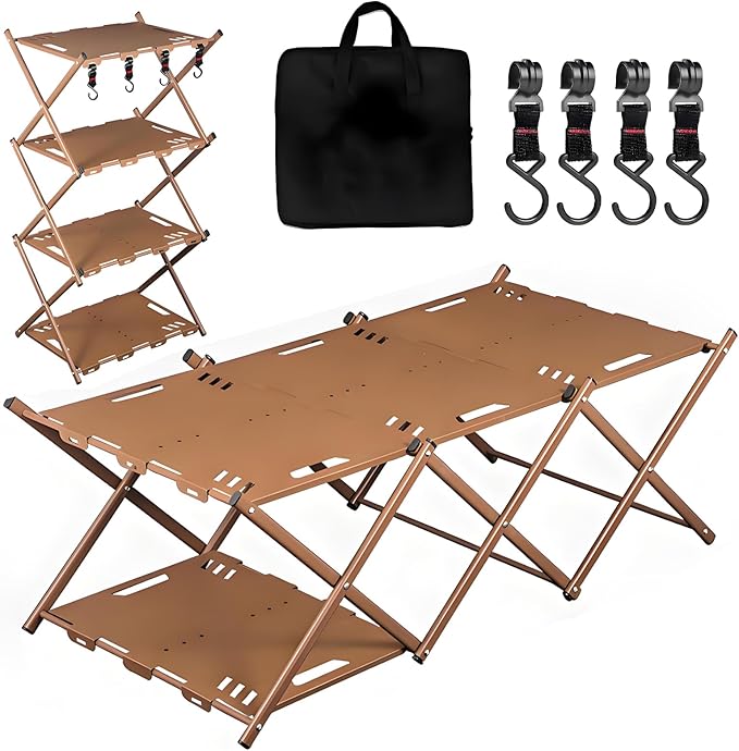 Folding Camping Table Portable Multi-Functional 4-Tier Picnic Rack Carbon Steel 37" with Storage Bag and 4 Hooks Indoor Outdoor, Heavy Duty, Portable, for Picnic, Party, Camping