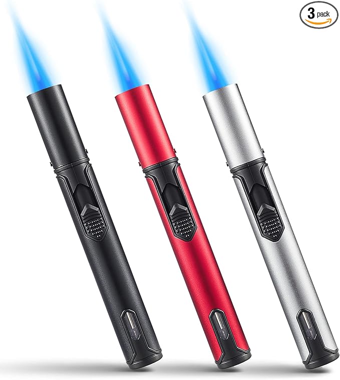 Urgrette 3 Pack Butane Torch Lighters, 6-inch Refillable Pen Lighter Adjustable Jet Flame Butane Lighter for Grill BBQ Camping (Gas Not Included)