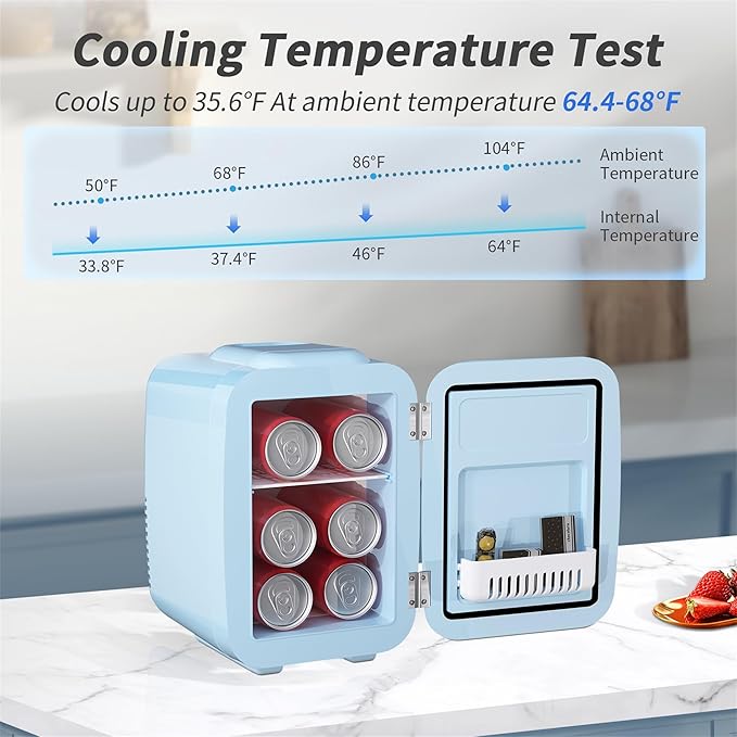 Mini Fridge, 4 Liter/6 Can Mini Makeup Fridge, 110V AC/ 12V DC Portable Thermoelectric Cooler&Warmer for Skincare, Drink, Cosmetic, Medicine, Small fridge for Bedroom, Office, Dorm, Car, Blue