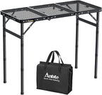 Anbte Folding Grill Table, 3ft Tri-Fold Aluminum Folding Table Adjustable Height Max 27.5" Grill Table with Mesh Desktop, Lightweight, Portable Handle for Outdoor Cooking BBQ Picnic (Black)