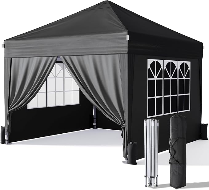 10x10 Pop Up Canopy with Sidewalls, Outdoor Instant Canopy Tent with Carry Bag for Commercial Events, Camping, Backyard Parties - Black
