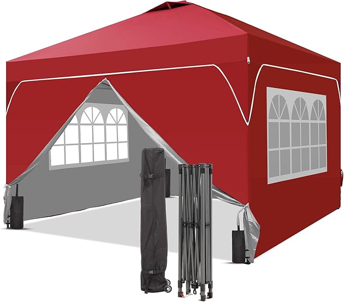 GDY 12x12FT Pop Up Canopy Tent with One Push Setup, Easy to Install with 4-Sidewalls for Events, Parties, Camping, Outdoor Gazebo with 4-Sandbags and Wheel Bag,Red.
