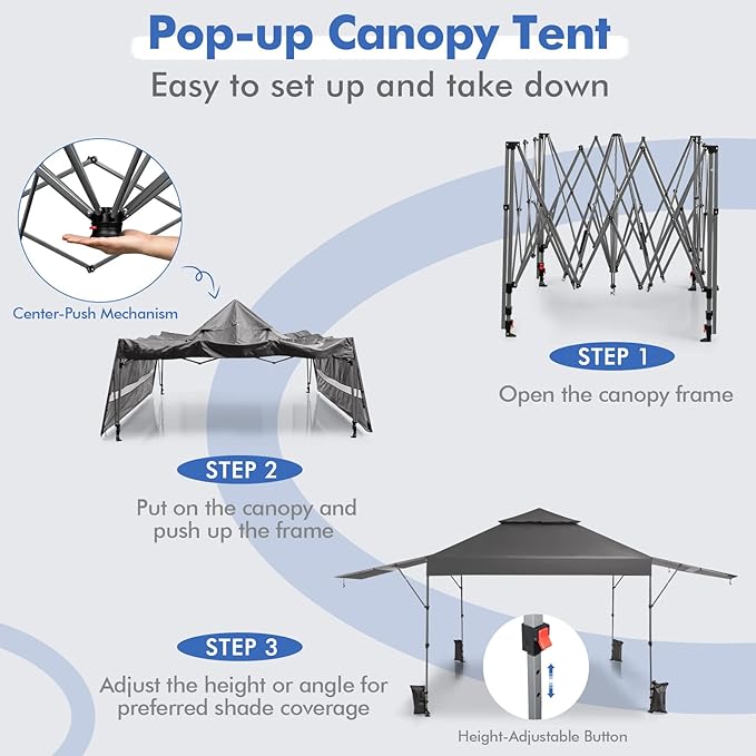 Tangkula 10x17.6 Ft Pop Up Canopy with Adjustable Dual Awnings, 2 Tier Outdoor Canopy Tent with 8 Stakes, 4 Ropes, 4 Sand Bags, Wheeled Bag, Easy Setup Instant Tent for Patio, Market, Picnic