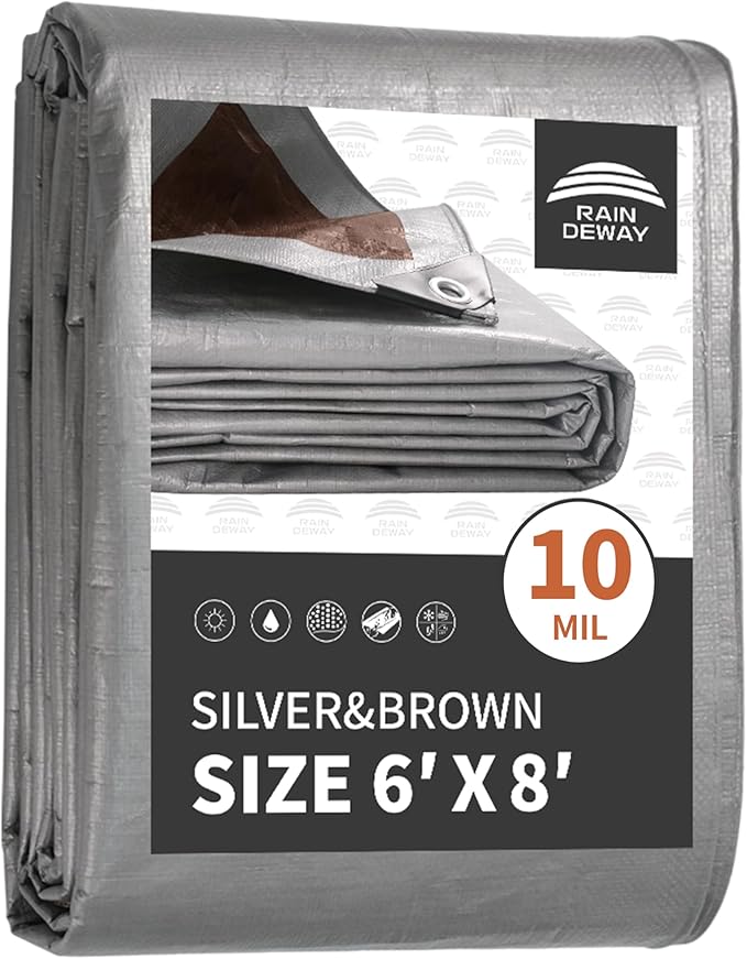 RAINDEWAY Tarps Heavy Duty Waterproof 6x8 Feet,10Mil Thick Multipurpose Poly Small Tarp Cover with Metal Grommets and Reinforced Edges,Silver/Brown Tarp
