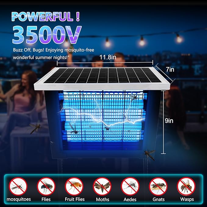 Solar Bug Zapper for Outdoor with 13FT Extension Cord for 2500 sq.ft, Portable Rechargeable Electric Mosquito Zapper with High Powered, Waterproof Solar Zapper for Patio Garden Backyard RV Camping