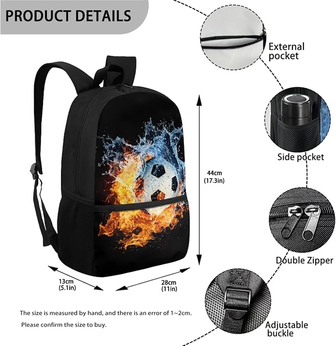 3 Pcs Water and Fire Football Printing Bag Sets Matching Portable Lunch Bag and Large Capacity Pencil Case for Kids Activities Outdoor Festival Gift