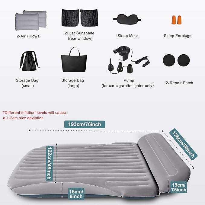 SUV Air Mattress, Double-Sided Thick Flocked Car Air Mattress with Built-in Pump & Pillow, Complete Sleeping Accessories for Auto Camping & Road Trips（Light Grey）