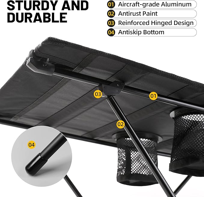 ZUNE LOTOO Portable Camping Table Folding, Small Beach Table Foldable with Drink Holder & Mesh Storage & Carry Bag Compact Camp Tent Side Table for Picnic Tailgate Travel Outdoor Fishing Backpacking