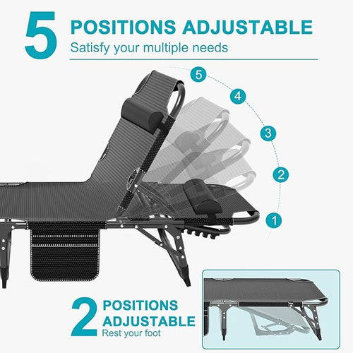 ABORON 5 Positions Camping Cots for Adults,Outdoor Folding Sleeping Cot/Mat,Folding Chaise Lounge Chair with Pillow,Portable Reclining Chair for Beach Lawn Camping Pool,Sunbathing Chairs