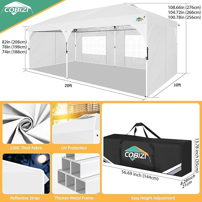COBIZI 10x20 Pop Up Canopy: Canopy Tent with Patented Center-Lock Tech | Quick-Setup,UV-Reflective & Detachable Walls | 210D Waterproof |3 Height Adjustments for Parties,Weddings,Outdoor Events(White)