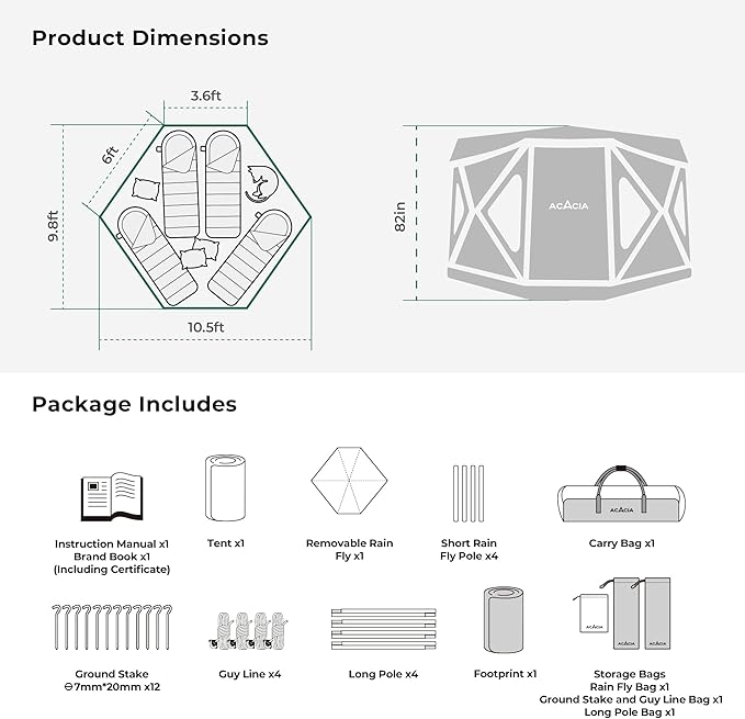 Acacia Camping Tent, Pop Up Camping Tent with 8 Windows and Footprint, Waterproof Windproof Easy Setup Hub Tent for Family Camping, Hiking and Glamping