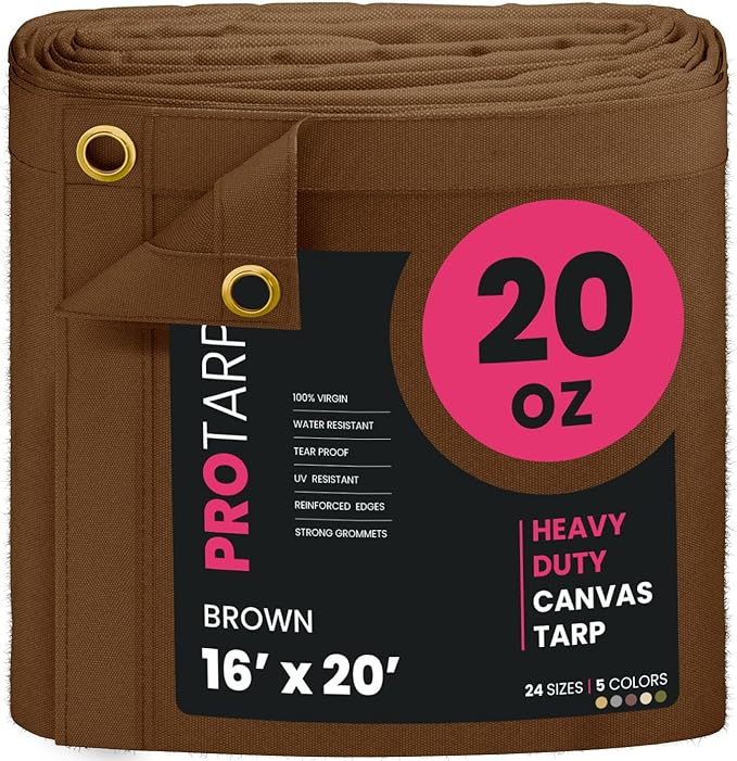 PROTARP Extreme Heavy Duty 20 OZ Water Resistant Canvas Tarp, UV Resistant Tarpaulin Cover with Rustproof Brass Grommets, Multipurpose for Canopy, Roof, Camping, Woodpile (Brown 16'X20')