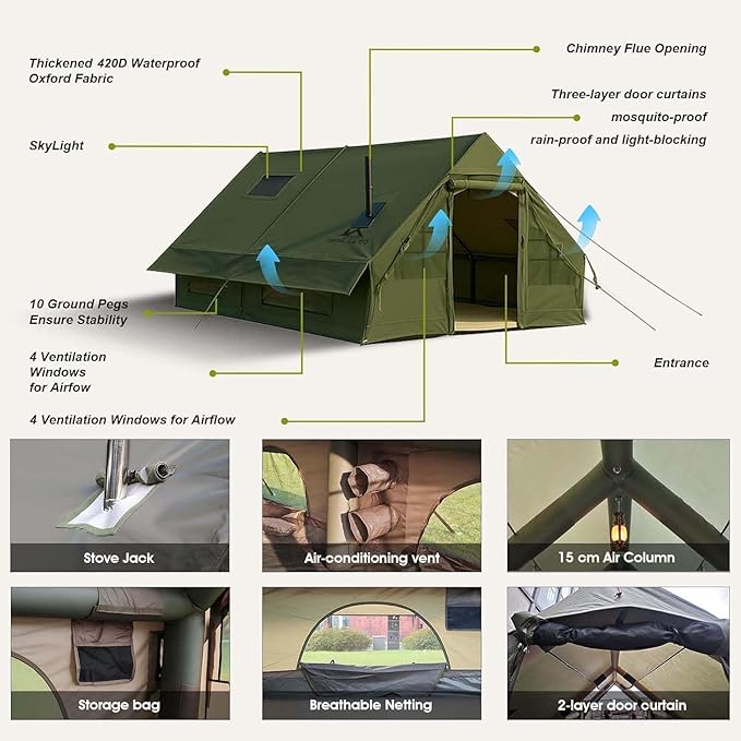 Inflatable Tents for Camping, Large Inflatable Camping Tent with Hand Pump, Easy Setup Tents for 2/4/6/8/10/12 People, Portable Glamping Tent