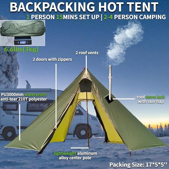 DANCHEL OUTDOOR Backpacking Hot Tent with Stove Jack, 4 Season Lightweight Tipi Tent for 2/4/6 Person Winter Camping Hunting, 10.5FT-16.4FT