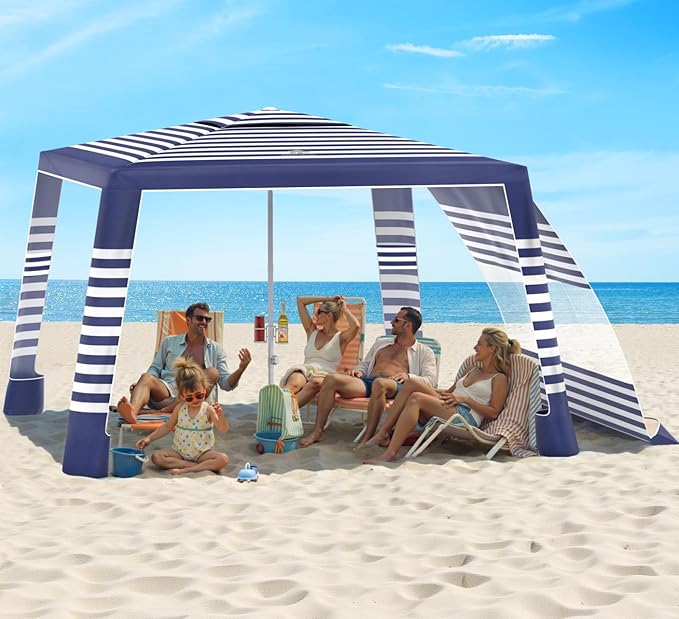 Rhino Valley Beach Cabana, 8 * 8FT Beach Tent UPF50+ Protection, Easy Setup Beach Canopy Wind Resistant with Cup Holder, Compact Beach Shade Foldable Beach Tent Sun Shelter, Blue Stripes