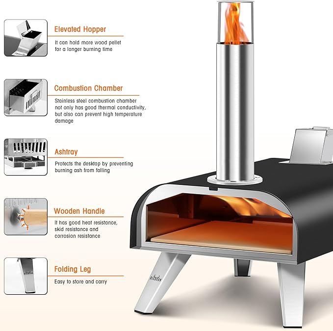 BIG HORN OUTDOORS 12" Woodfire Pizza Stone Oven, 887°F Outdoor Stainless Pizza Cooker, Portable for Party Usage, Black