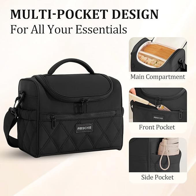 Lunch Bag for Women Soft,Reusable Lightweight Lunch Cooler with Straps,Leakproof Lunch Box for Work Picnic Camping Beach,Black