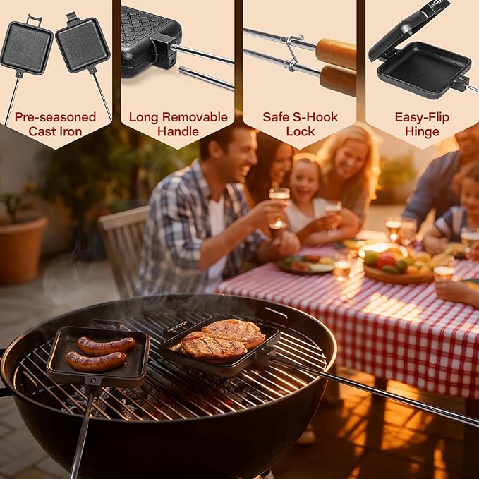 Mountain Pie Maker Cast Iron – Campfire Pie Iron, Hobo Pie Maker for Camping, 2-Pack