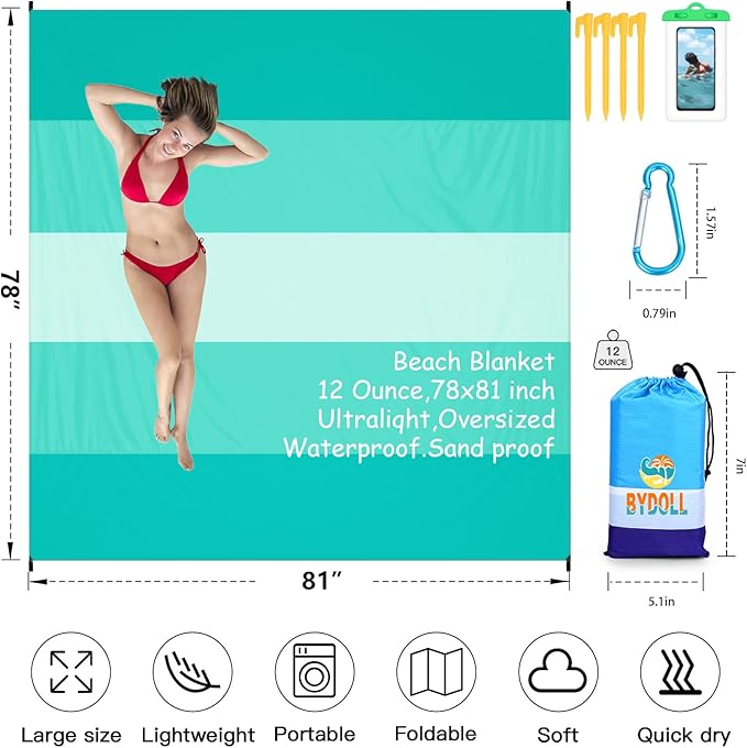 BYDOLL Beach Blanket 78''X81'' Waterproof Sandproof Suits1-4 Adults Oversized Lightweight Large Blanket Picnic Mat for Beach Sand Free Travel Camping Hiking Picnic