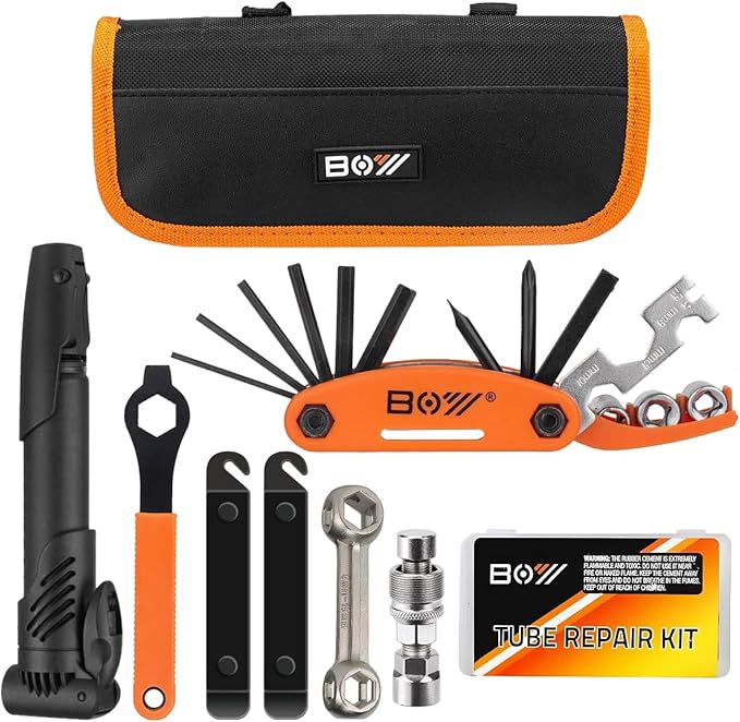 Bicycle Repair Bag With Tire Pump, Portable Tool Kit for Camping Travel - Bike Glueless Patches, Maintenance Essentials All in One Safety Kit