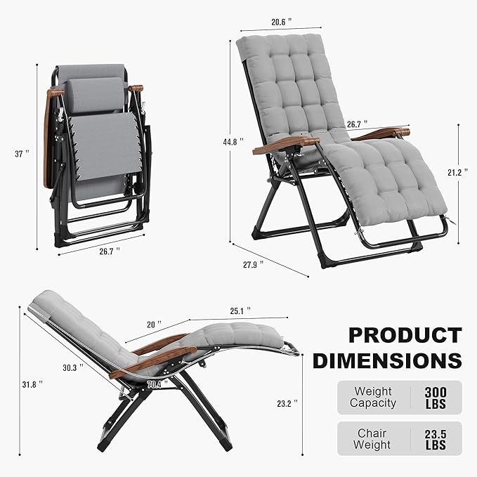 PURPLE LEAF Outdoor Reclining Chair Patio Zero Gravity Chaise Lounge Folding Chair with Removable Cushion Adjustable Headrest for Lawn Camping Beach Pool Grey