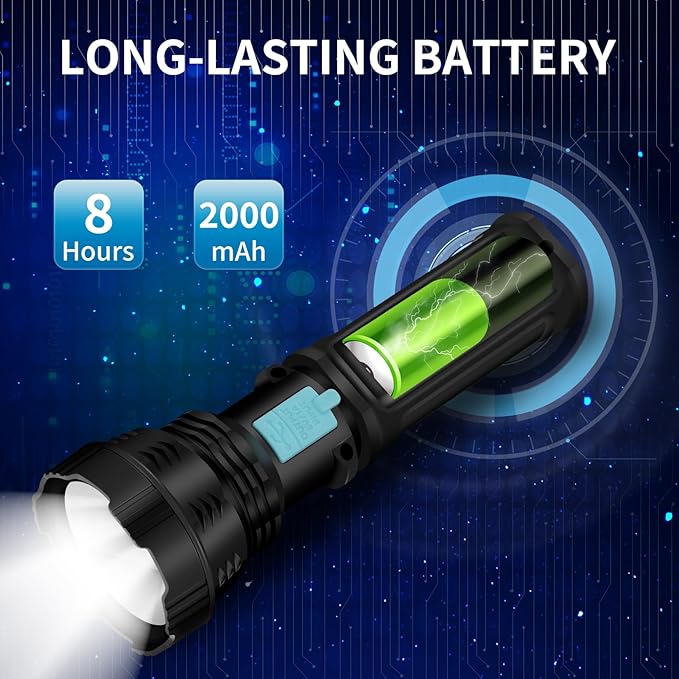 Led Solar Flashlight, 1500 Lumens Led Solar Handheld Rechargeable Flashlights with IP65 Waterproof, 2000mAh Battery for Survival Emergencies Camping (2 Packs)