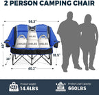 Oversized USLCamping Chair - 2 Person Portable Folding Outdoor Loveseat Heavy Duty Lawn Chairs for Adults with Padded Cushion & Dual Cup Holders, Supports 660LBS for Camping，Sports，Picnic
