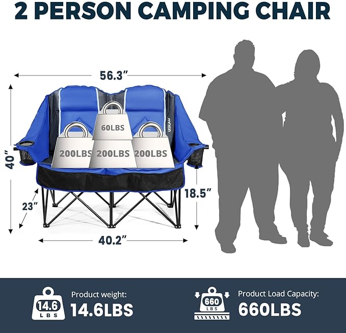 Oversized USLCamping Chair - 2 Person Portable Folding Outdoor Loveseat Heavy Duty Lawn Chairs for Adults with Padded Cushion & Dual Cup Holders, Supports 660LBS for Camping，Sports，Picnic