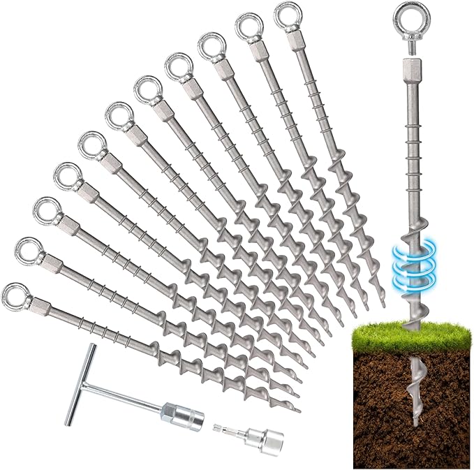 14" Ground Anchors Screw in Non-Rust Cast Aluminum Detachable Tent Stakes for Camping Tents, Sand, Trampoline, Swing Sets and Sheds（16 Packs）