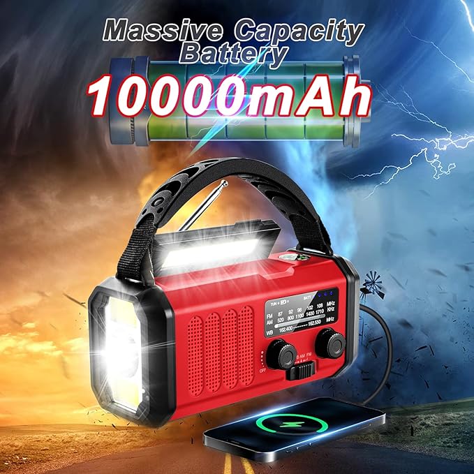 Weather Radio, Emergency Crank Radio AM/FM/NOAA Solar/Hand Crank/USB Charging,10000mAh /37000mWh Rechargeable Battery, Flashligh Cell Phone Charger for Hurricanes Camping & Home Emergencies