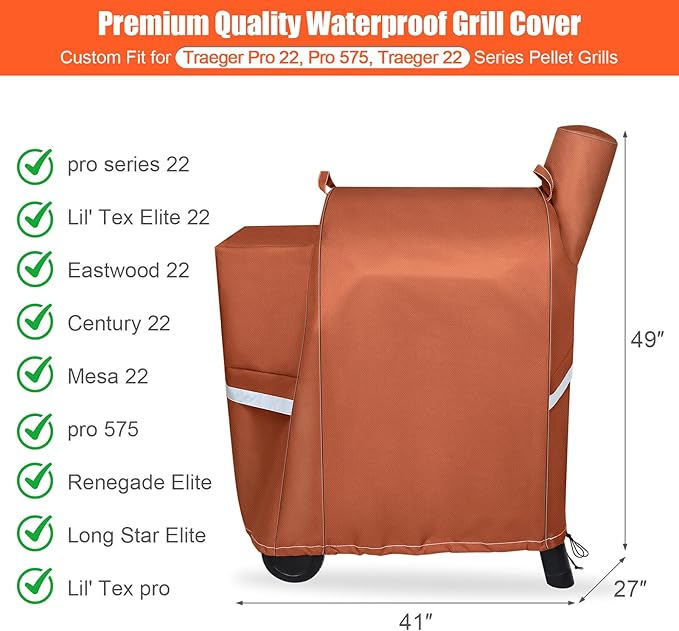 QuliMetal Grill Cover for Traeger Pro 22 & 575 Series - 600D Heavy Duty Waterproof Fade Resistant Traeger Pro 22 Cover with Elastic Drawstrings, Premium BBQ Cover for Z Grills 550B and More, Brown
