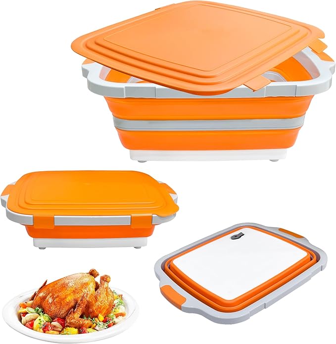Collapsible BBQ Prep Tub with Cutting Board & Lid, Folding Food Container BPA-Free Heavy-Duty, Dishwasher Safe, Upgraded Drain Hole - for Camping, Grilling Outdoor Cooking (Orange, X-Large)